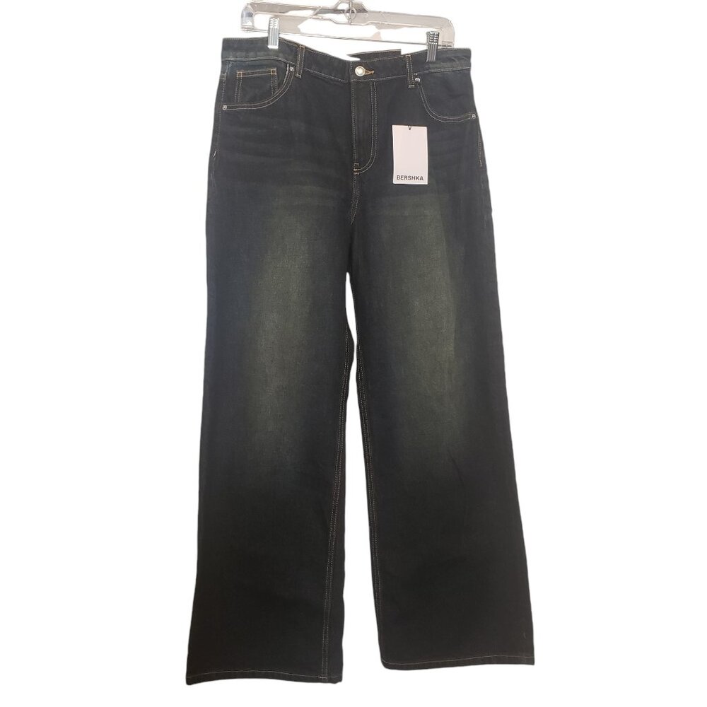 Womens Bershka Baggy Jeans Dark Indigo Blue Size 8
